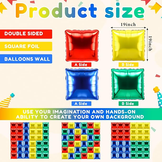 36 Pcs Brothers Birthday Decorations Balloons Brick Square Foil Balloons Wall Backdrop Arch Kit Double Sided Metallic for Cartoon Video Game Party Supplies(Red Green Blue Yellow)