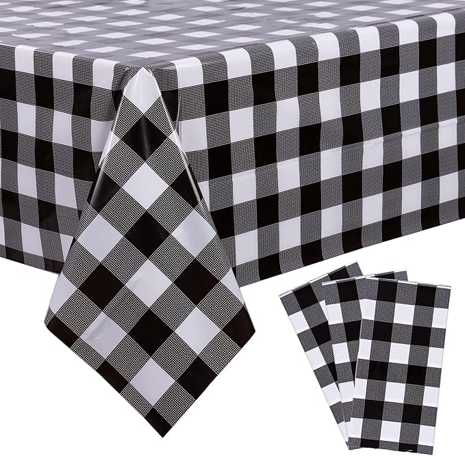 Kesfey 3 Packs Black Gingham Tablecloths 54 x 108 inch Black and White Checkered Tablecloth Disposable Plastic Plaid Picnic Tablecover Waterproof Fall Checkered Table Cloth for Camping Halloween Party