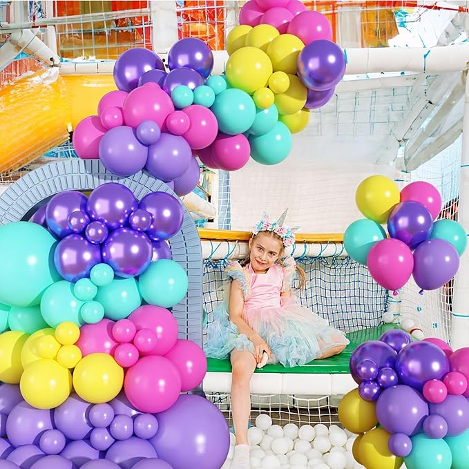 Pink Blue Purple Balloons Garland Arch Kit 132 Pcs Hot Pink Metallic Purple Teal Yellow Latex Helium Balloon Garland for Kids Magic Theme Baby Shower Mermaid Birthday Princess Party Decoration