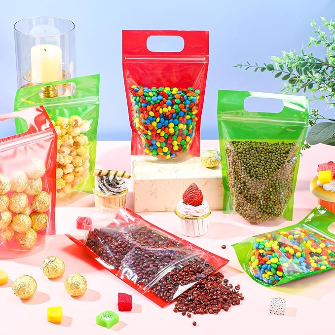 120 Pcs Plastic Gift Bag Bulk Resealable Party Goodie Bag with Clear Window Color Favor Pouch with Handle for Home Birthday Wedding Party Candy Gift Wrap Supplies(Mixed,5.5 x 8.7 Inch)