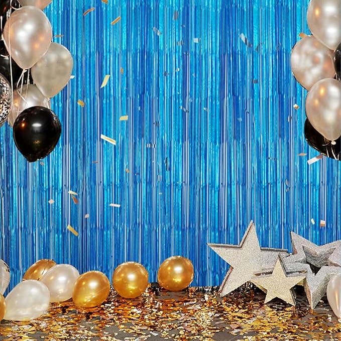 2 Pack Foil Fringe Backdrop - Laser Blue Shiny Tinsel Curtains for Party Decoration/Photo Booth Props - 3.3x6.6 FT Metallic Foil Backdrop for Birthday, Wedding, Graduation, Christmas.