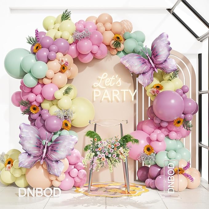 144Pcs Pastel Pink Purple Butterfly Balloon Arch Garland Kit,with Big Butterfly Foil Balloons,for Spring Floral Fairy Wonderland Baby Shower Girl Princess Birthday Tea Party Decorations