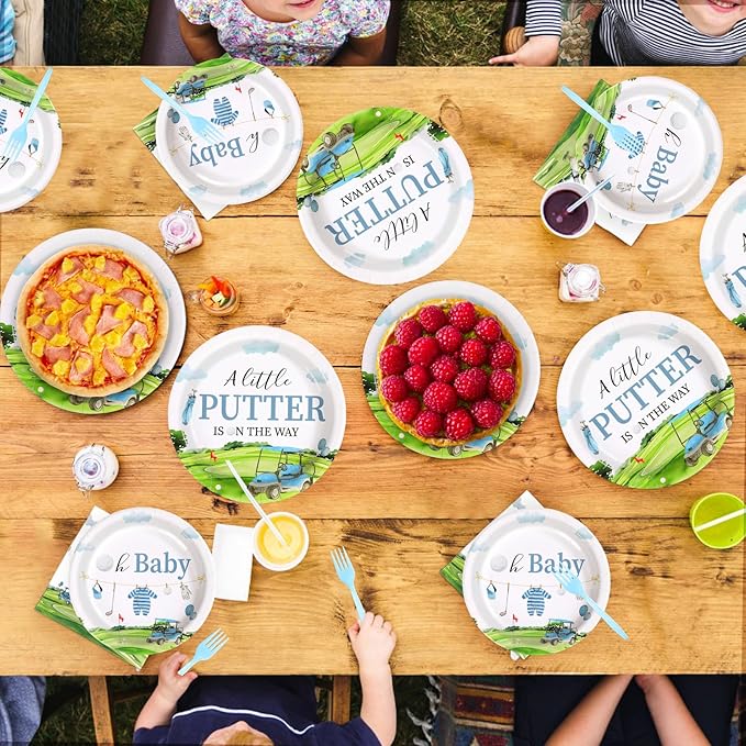 Grencian 96Pcs Golf Baby Shower Party Supplies A Little Putter Plates and Napkins Tableware Sets Green and Blue Decoration for Baby Shower Newborn Pregnancy Boy Girl Birthday Party Serve 24