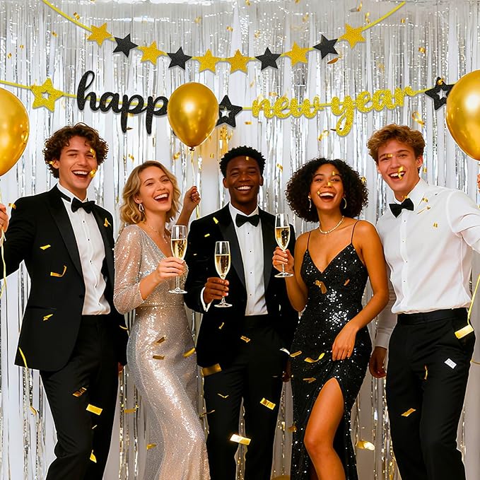 Happy New Year Banner, 2026 New Years Eve Party Supplies NYE Sign Decorations with Stars for Mantle Fireplace Holiday Decor