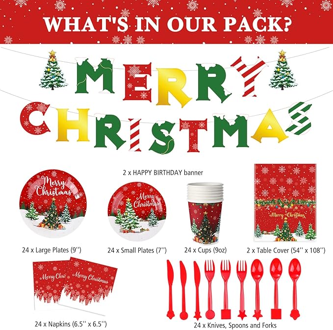 Christmas Party Supplies Tableware Set Xmas Party Decoration Christmas Tree Paper Plates Napkins Snowflakes Tablecloths Merry Christmas Banner Holiday Disposable Dinnerware Serves 24 Guests