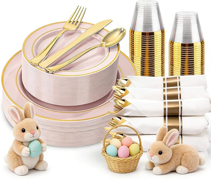 175PCS Pink plastic Plates - Pink Disposable Plates 25Guests Disposable Dinnerware Sets with Rolled Napkins for Wedding/Birthday/Easter/Baby Shower