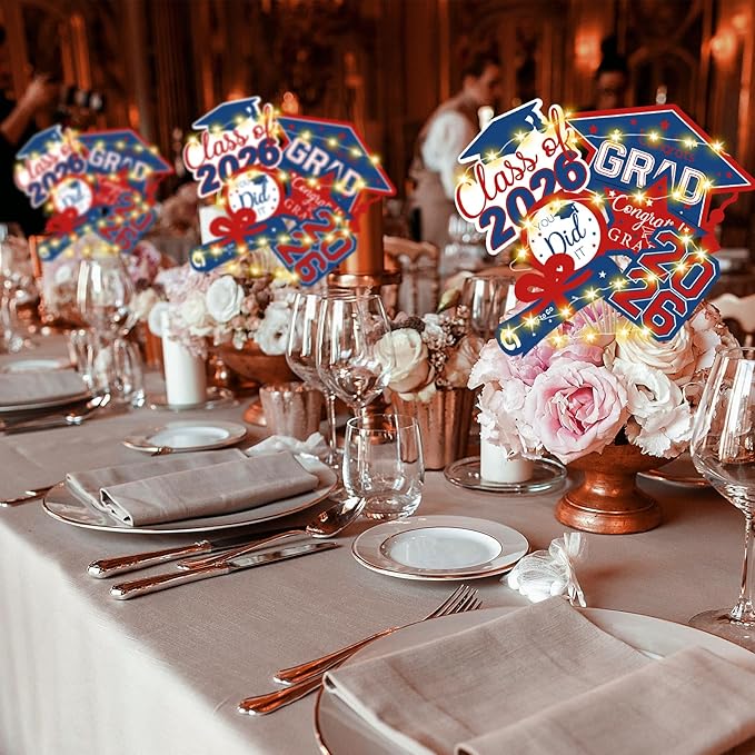 OuMuaMua Graduation Decorations Class of 2026-30pcs Red and Blue Graduation Table Centerpieces Sticks Table Toppers with Lights for College High School Congrats Grad Party Supplies