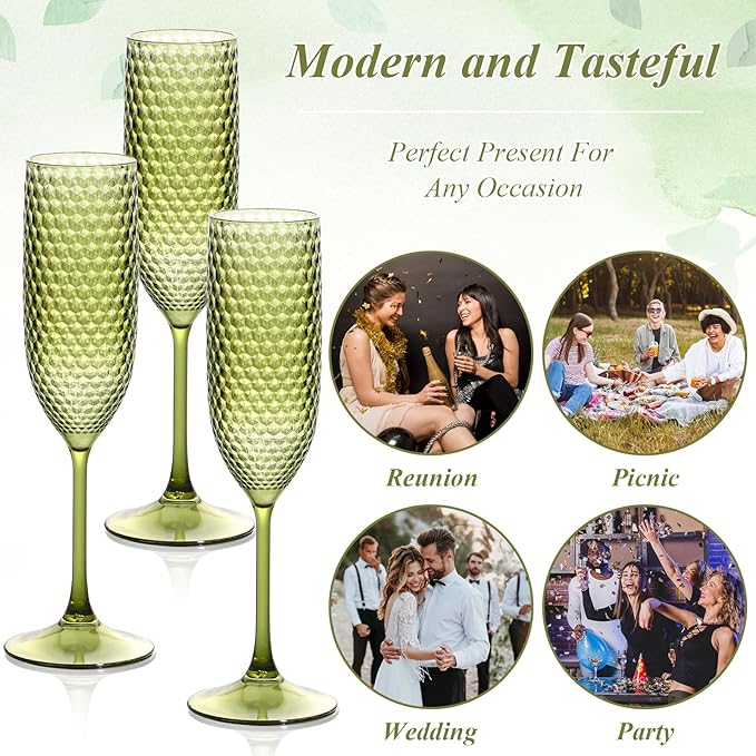 Plastic Champagne Flutes Champagne Glasses Unbreakable Wedding Toasting Glasses Reusable Diamond Wine Glasses Crystal Clear Party Wine Cups Vintage Drinking 5.5 OZ for Wedding (12, Green)