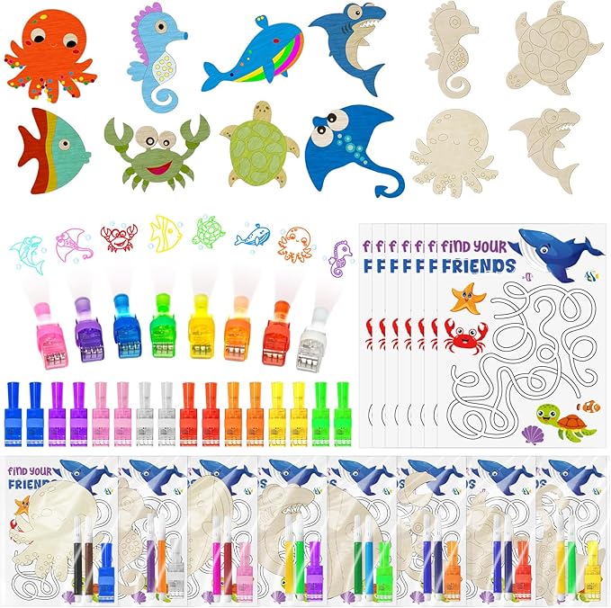 Cinrobiye 144 PCS Under the Sea Party Favors Ocean Animals Wooden Painting Kits with LED Light Up Finger Lights, Sea Animal Birthday Party Supplies, Goodie Bag Fillers, Pinata Fillers,Prize Bulk Set