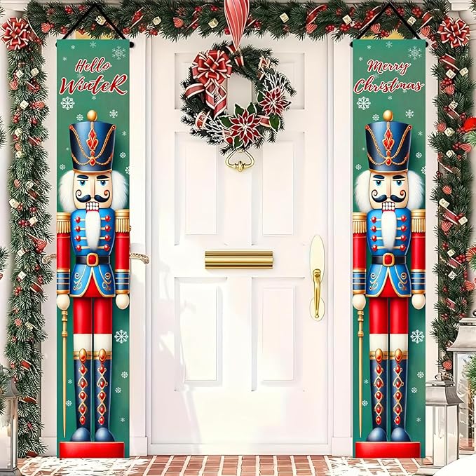 Nutcracker Christmas Porch Banners 12×71 Inch Hello Winter Merry Christmas Door Decorations Red Blue Nutcracker Soldier Banner for Front Door Wall Outdoor Holiday Seasonal Décor