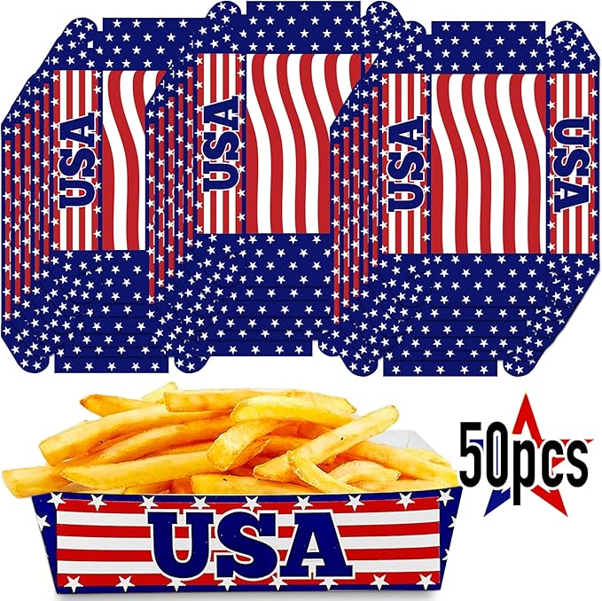 American Flag Paper Food Trays | (50 Pcs) Disposable USA Flag Concession Snack Tray | Patriotic Baskets for Nachos, Chips, Candy | 4th of July Party Decorations | Red, White and Blue Boat