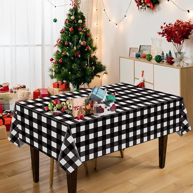 2 Pack Black and White Checkered Tablecloths 54"x108" Christmas Buffalo Plaid Tablecloths Disposable Plastic Waterproof Table Cloths for Christmas Picnic Camping Outdoor Birthday Decors