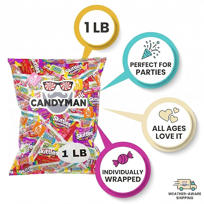 CANDYMAN Candy Mix Variety Pack, 1 lb Assorted Bulk Candy Individually Wrapped for Party Favors, Goodie Bags, Pinata Stuffers, Easter