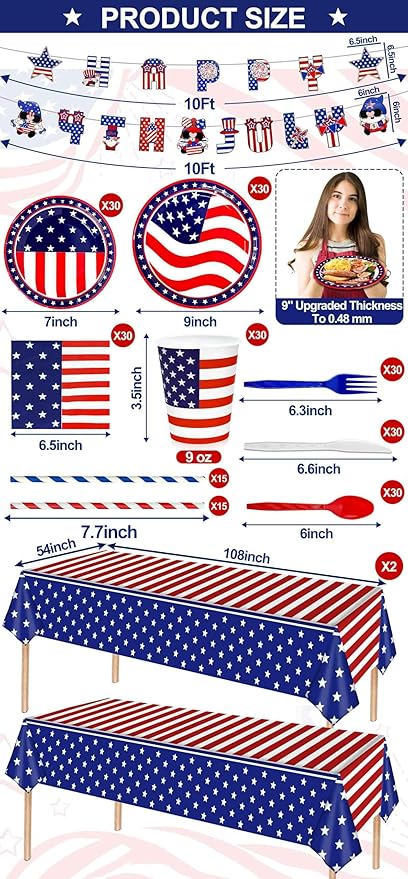 244PCS 4th of July Decorations Patriotic American Flag Party Supplies - Serve 30 - Tablecloths,4th of July Disposable Paper Plates Cups Napkins Cutlery Forks Spoons Straws,Banner Red White Blue Decor