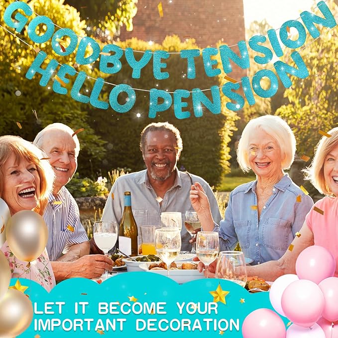 Retirement Banner Pre-Strung GOODBYE TENSION HELLO PENSION Banner Glitter Retirement Party Supplies Decorations for Women Men Office Home Decor (Turquoise)