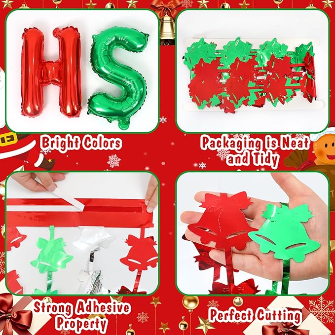 2Pack Christmas Foil Fringe Curtains with Merry Christmas Balloons, 3.3 x 6.6Ft Bell Backdrop Tinsel Photo Booth Props Streamers for New Year Ugly Sweater Xmas Party Decorations Supplies