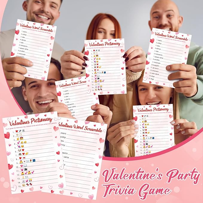 COCHIE 30 Players Valentine's Party Games for Adults Family Office Large Groups, Valentines Parties Words Pictionary Game, Phrases Guesstures Game, Word Scramble Games with Answer Key