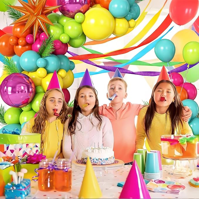 Tropical Balloon Arch Garland Kit with Hot Pink Teal Blue Green Orange Star Balloons Round Balloons for Girls Birthday Hawaiian Luau Summer Tropical Fiesta Party Decorations
