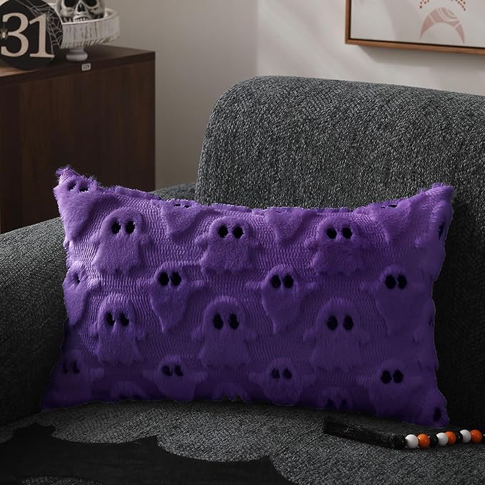 DFXSZ Halloween Pillow Covers 12x20 inch Set of 2 Purple Ghost Throw Pillow Cases Soft Plush Faux Fur Wool Couch Cushion Case for Chair Sofa Bedroom Living Room Home Decor PTK03E12