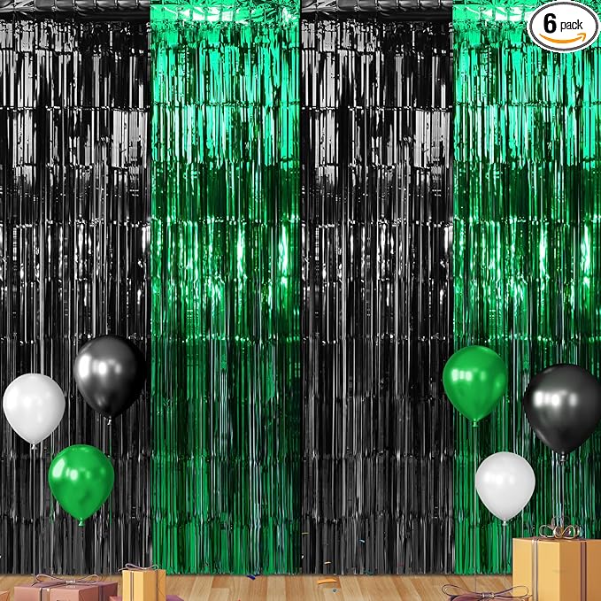 6Pack 3.3Ft x 6.6Ft Graduation Foil Fringe Curtain Backdrop Decorations, Green Black Metallic Tinsel Foil Streamers Curtain Photo Booth Background for Graduation Prom Wedding Birthday Party Decoration