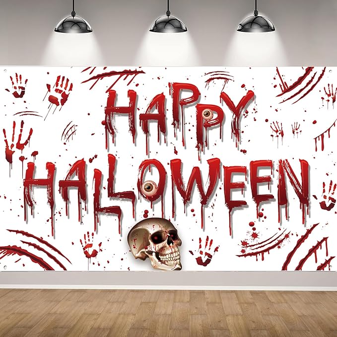 Red Happy Halloween Backdrop Banner Photography Background for Home Garden Outdoor Wall Terror Thriller Scary Themed Halloween Party Decorations Supplies 72.8 * 43.3in