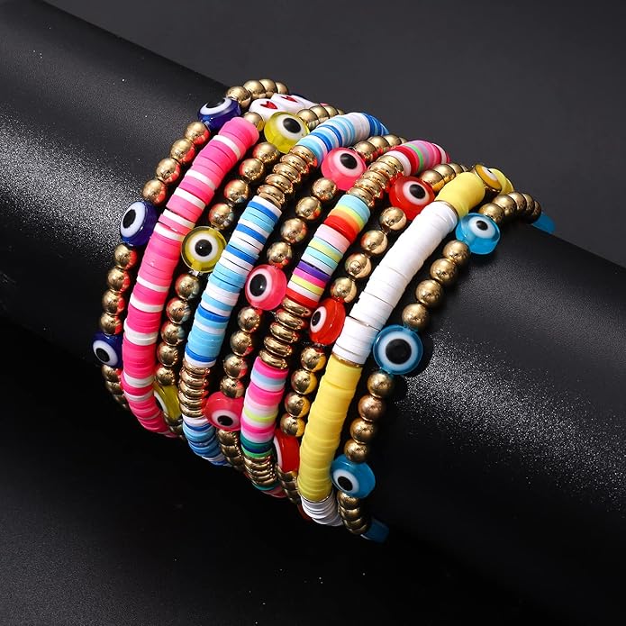 Surfer Heishi Bracelets for Women Stackable Rainbow Vinyl Disc Clay Beaded Stretch Bracelets Elastic Layering Friendship Bracelets Boho Summer Beach Jewelry