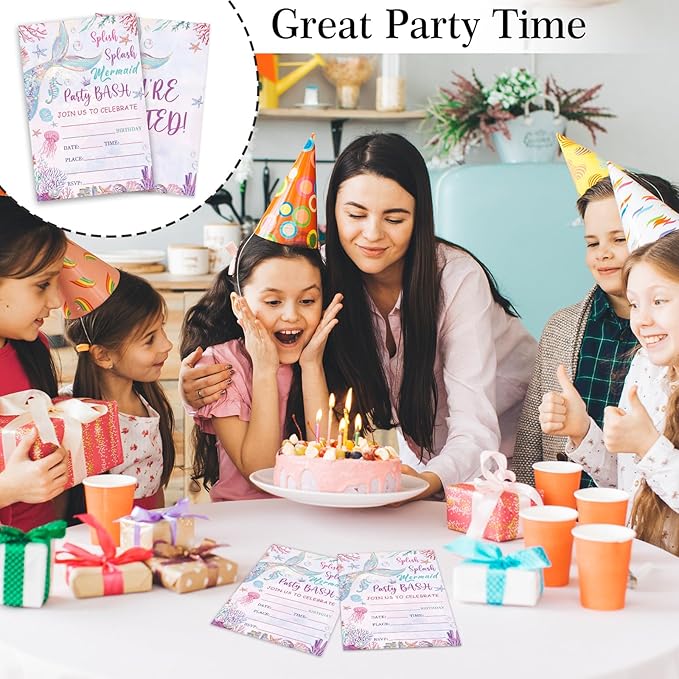 Mermaid Birthday Invitations, Mermaid Under the Sea Invites for Girls Boys, 20 Pcs Double-Sided Fill In Invitations with Envelopes, Birthday Party Favor & Supplies 6 x 4 Inch