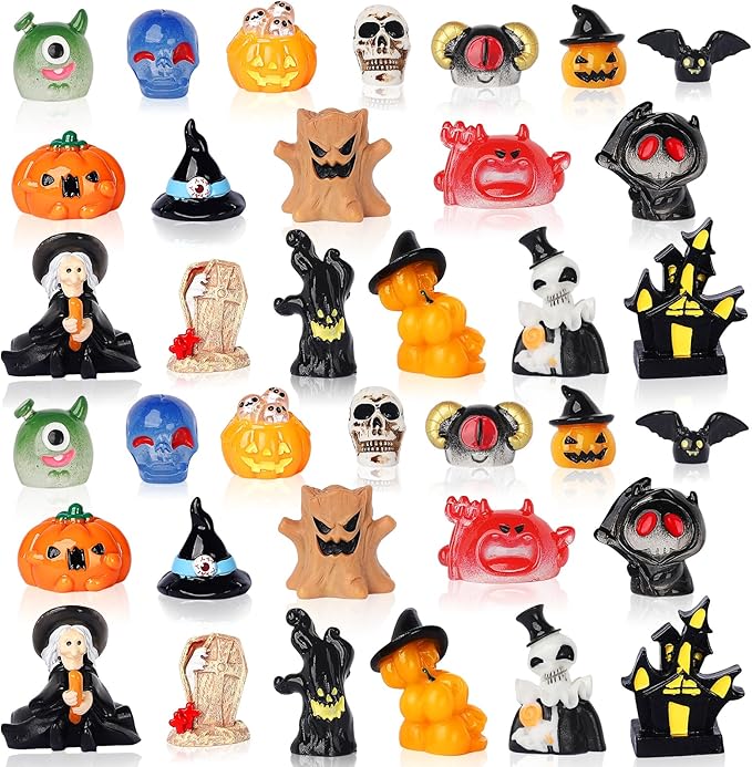 36pcs Halloween Mini Resin Figures Tiny Resin Animals Pumpkin Ghost Ornaments for Halloween Theme Miniature Garden Decorations Fairytale Garden Accessories Plant Pot Craft Decorations