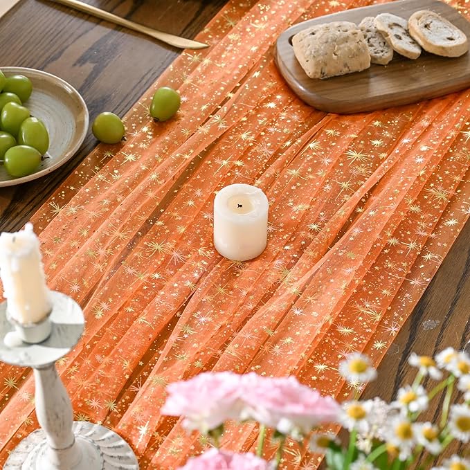 Horaldaily Orange Gold Sparkling Star Gauze Tablecloth 60x60 Inch Square, Golden Star Sequin Glitter Metallic Foil, Sheer Tulle Cheesecloth for Wedding Baby Shower Party