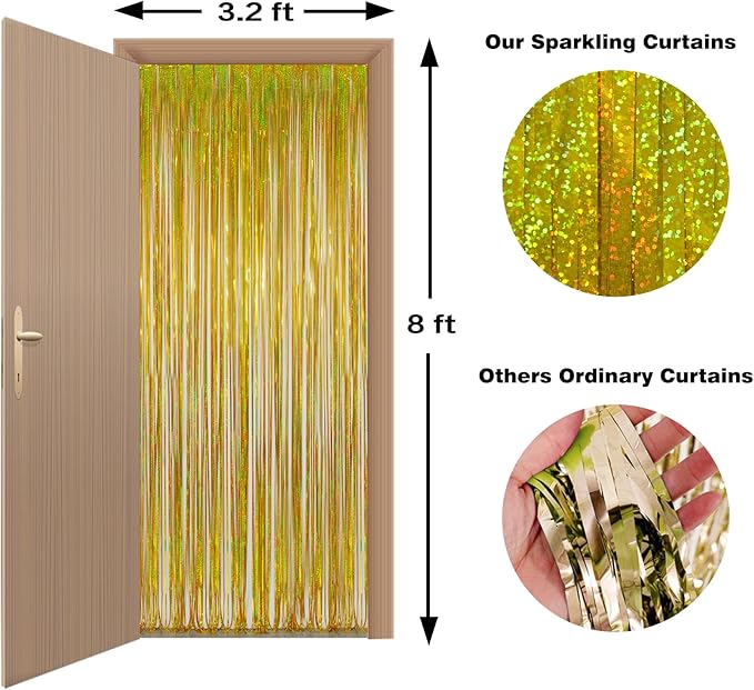 Gold Tinsel Curtain Backdrop – Melsan 2 Pack 3.2 ft x 8 ft Metallic Foil Fringe Curtains for St Patricks Party, Birthday Decorations, Graduation, Photo Booth Backdrop, Sparkle Gold Party Streamers