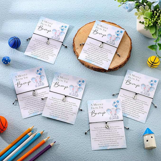 Thyle 50 Set Blue Elephant Baby Shower Favors for Guests Adjustable Bracelets with Message from the Bump Card Footprints Charm Baby Shower Bracelets for Gender Reveal Thank You Gifts