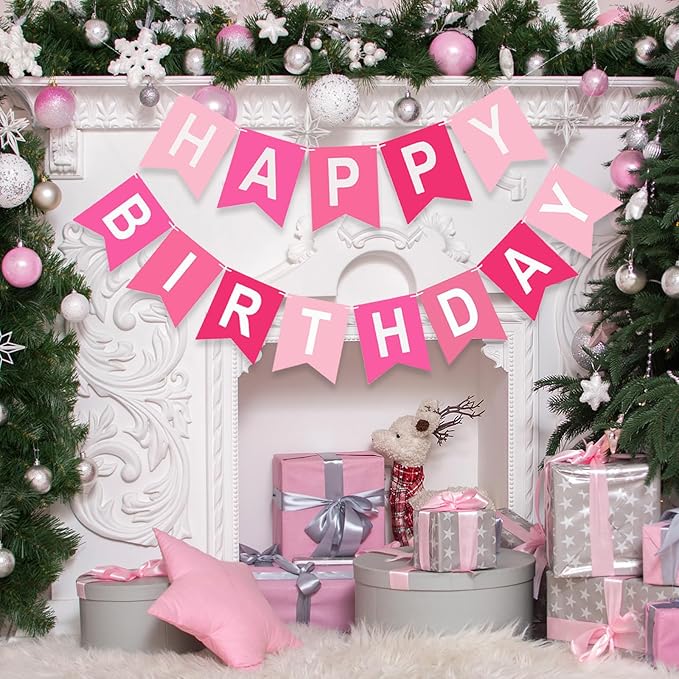 Happy Birthday Banner, Pink Colors Birthday Party Banner Assembled Garland Bunting Flags Women Men Girl Boy Party Hanging Decorations Indoor/Outdoor Supplies