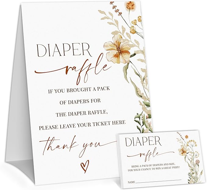 Boho Floral Diaper Raffle Game, Diaper Raffle Tickets for Baby Shower, Gender Neutral Tickets for Baby Shower Party Favor Decorations Supplies (1 Sign + 50 Cards)