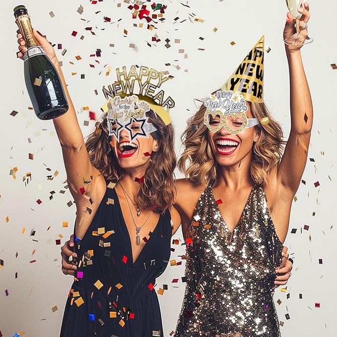 YVAINE 2026 New Year Eve Party Supplies 36pcs Gold Silver Years Eve Decorations Kit - Happy New Year Paper Glasses Headband Cone Hats Noisemaker for 2026 Happy News Year Eve Party Supplies