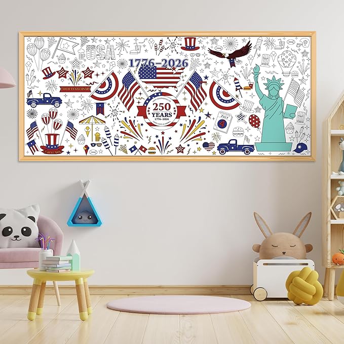 OHOME 4th of July Giant Coloring Poster/Tablecloth - 250 America Anniversary USA Decorations,Kids July 4th Crafts Games Activities Toys Decor Party Decor for Classroom School