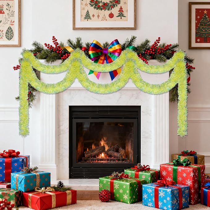 20FT Lime Green Christmas Tinsel Garland Iridescent Hanging Twisted Garland iRide for Christmas Tree Fireplace Mantle Xmas Party Home Decoration