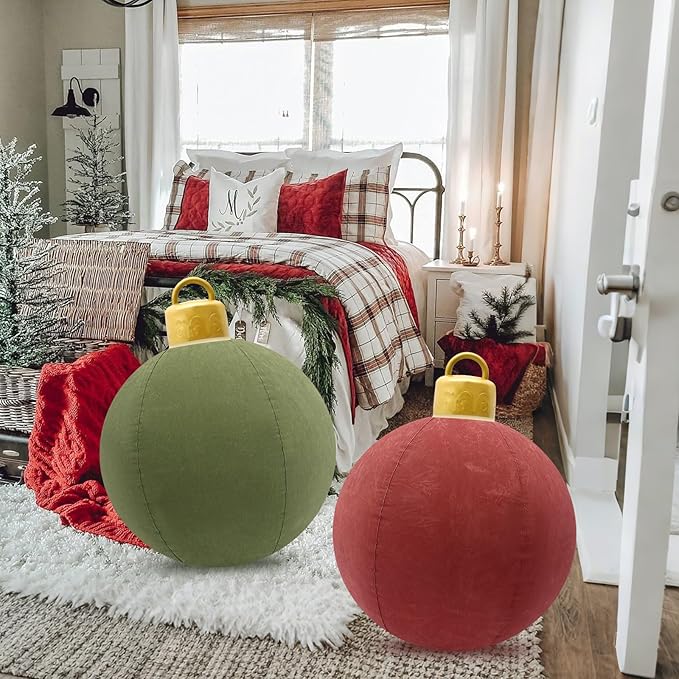 2 Pcs 24-Inch LED Velvet Inflatable Balls Christmas Decorations, Large Flocked PVC Decorations with 12 Colors & Remote, for Outdoor and Indoor Holiday Decor(Green, Brown)