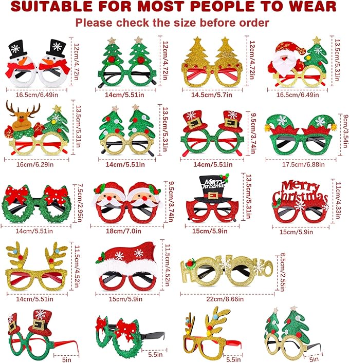 15 Pcs Christmas Glasses Frame Glitter, Costume Eyeglasses Frames Photo Booth Supplies, Xmas Photo Props Eyewears Party Favors Supplies for Adults Christmas Dinner Picnics Holidays