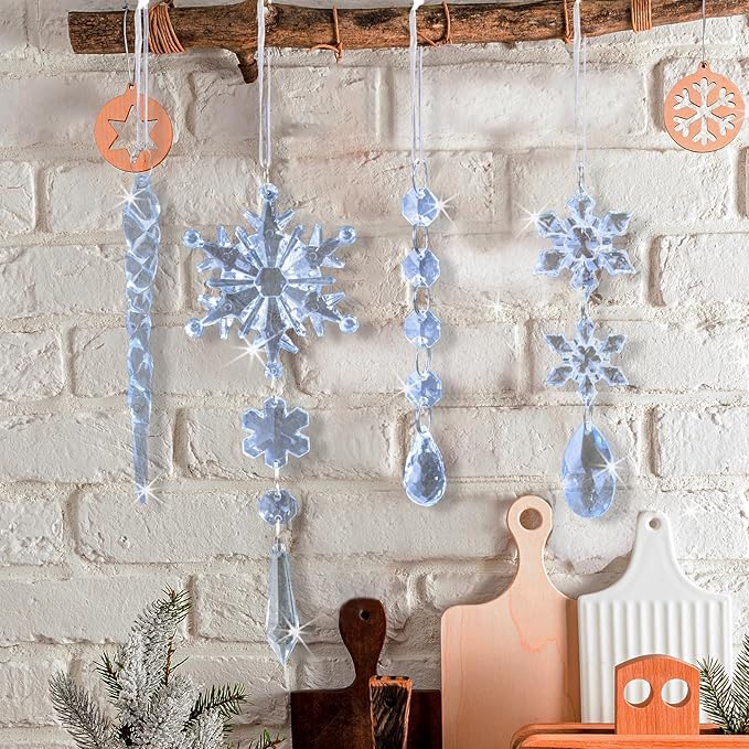 18pcs Crystal Christmas Ornaments for Christmas Tree Decorations- Light Blue Hanging Acrylic Snowflake and Icicle Ornaments with Drop Pendants for New Year Party Decorations Supplies