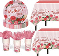 Childom Mothers Day Decorations for Party,132 Pcs Disposable Mothers Day Plates Tablecloth Cups Knives Spoons Forks for Party Supplies,Plates Tableware for Moms Birthday,Home,Brunch,Dinner,Serves 26