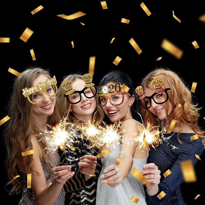 12PCS New Year Glasses, Funny New Years Eve Party Paper Glasses Photo Booth Props 2026 Eyeglasses Frames for NYE Party Supplies Decorations 2026