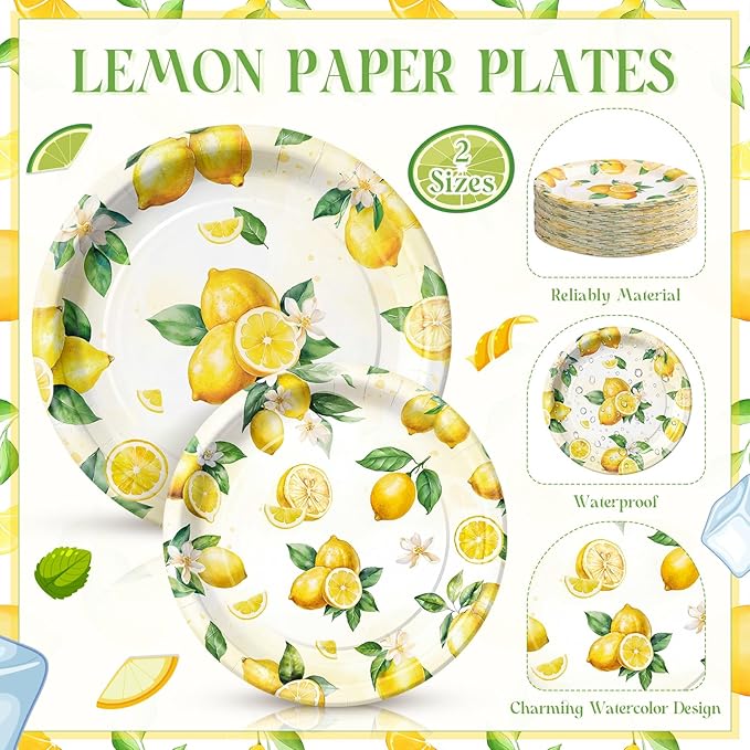 Honeydak 210 Pcs Lemon Party Decorations Summer Lemon Birthday Party Supplies Plates Napkins and Forks Tableware for Yellow Baby Shower Bridal Shower