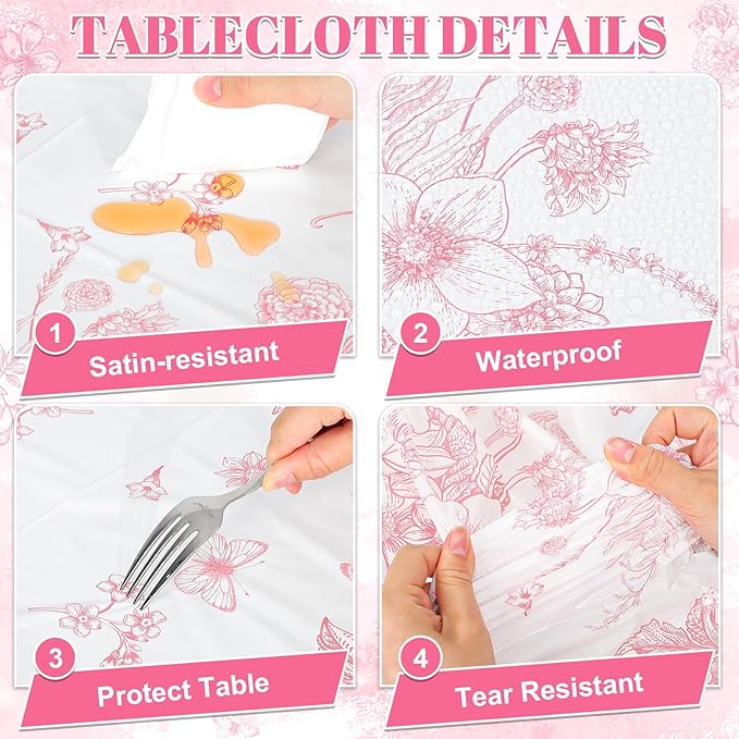 3 Pcs Pink Floral Plastic Tablecloths, 54 X 108Inch Tea Party Tablecloth Disposable Vintage Table Cloth Pink and White Porcelain Tables Decor for Easter Mother's Day Birthday Garden Wedding Tea Party