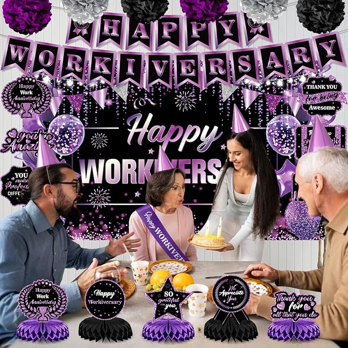 Happy Work Anniversary Decorations Black and Purple Happy Workiversary Banner Honeycomb Centerpieces Hanging Swirls Tissue Paper Pompoms Sash Set for Women Office Employee Worker Appreciation Supplies