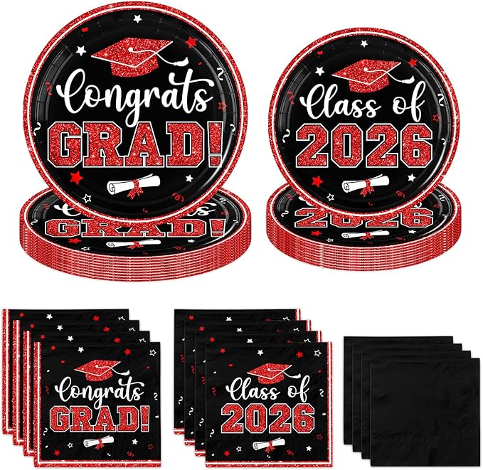 Graduation Plates and Napkins 2026,Red and Black Graduation Decorations 200pcs Graduation Paper Plates and Napkins Graduation Party Supplies for Graduation Party Decorations,Serve 50