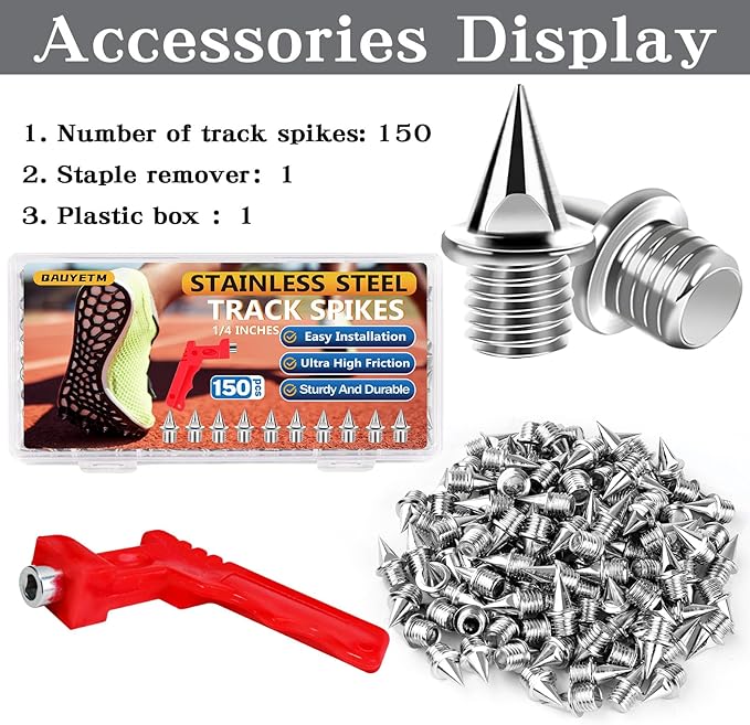 1/4 Inch Track Spikes, Stainless Steel Track and Cross Country Spikes with Spike Wrench, Replacement Spikes for Sprint Sports Short Running Climbing Track Shoes