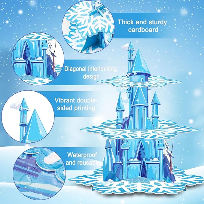 BenLouis 3 Tier Frozen Cupcake Stand - Frozen Birthday Party Supplies Winter Wonderland Baby Shower Cake Table Decoration Snowflake Cupcake Holder for Girl Kids Winter Blue Princess Party Favor