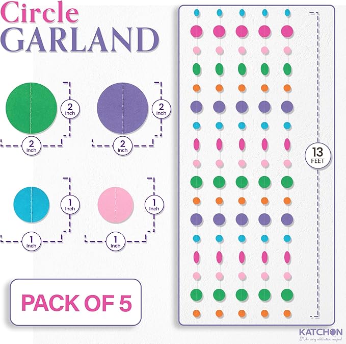 KatchOn, Circle Dots Paper Garland - 65 Feet, Pack of 5 | Colorful Rainbow Garland for Rainbow Birthday Decorations | Multicolor Hanging Decorations for Classroom Decor, Baby Shower, Unicor Birthday