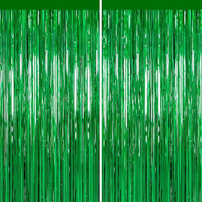 2 Pack Green Foil Fringe Curtains, 3.3ft x 6.6ft Streamer Foil Curtain, Tinsel Backdrop for Birthday Party, Christmas Decor, Wedding Engagement Baby Shower Bachelorette Party Decorations