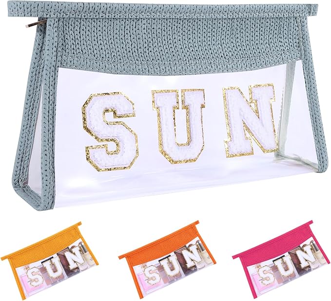 Sunscreen Bag Clear Makeup Bag Chenille Letter Sun Cosmetic Pouch Summer Beach Essential Cute Toiletry Pouch Travel Accessories Gifts for Women